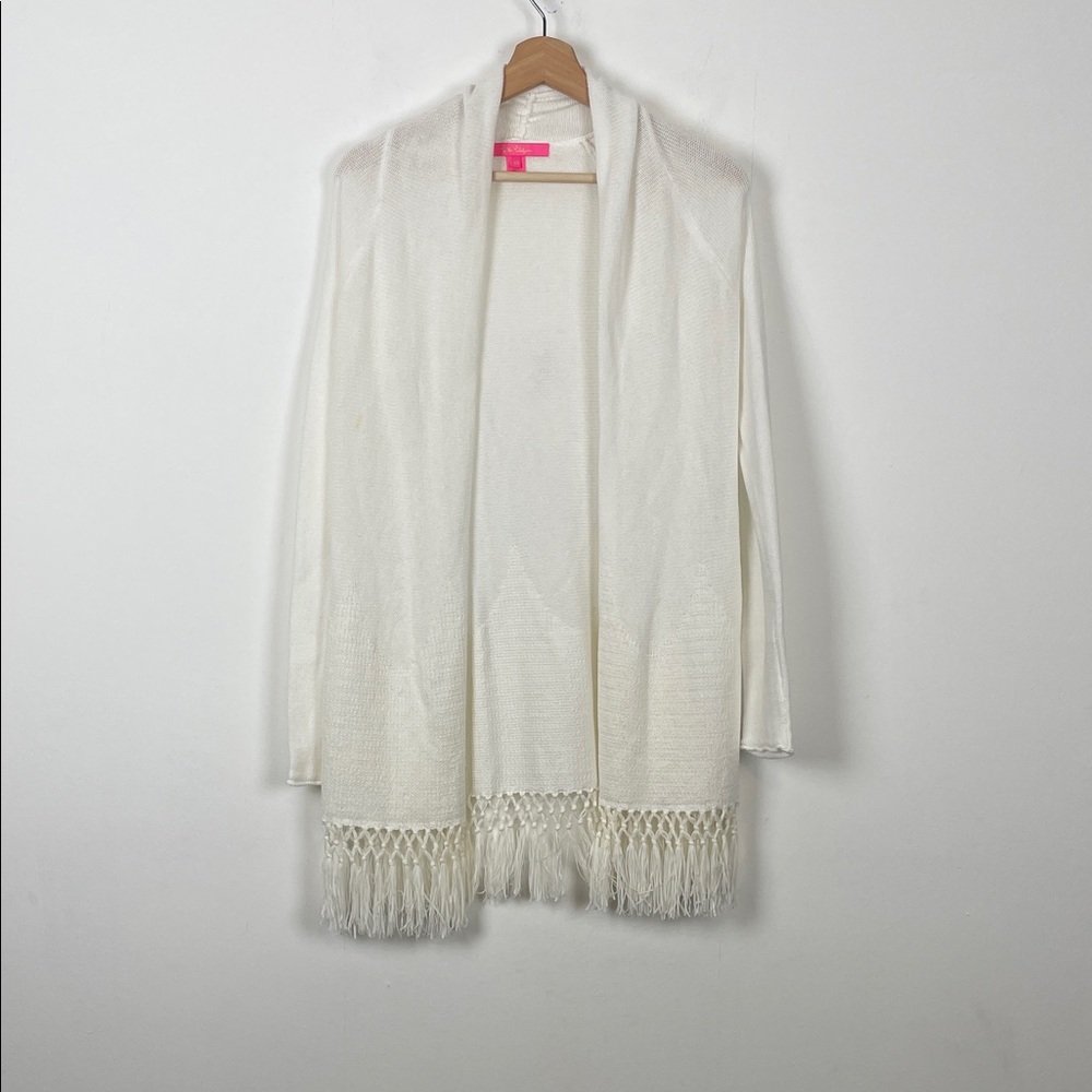 Lilly Pulitzer Tatum Long Sleeve White Women's XS Cardigan Sweater with Fringe - Picture 2 of 9